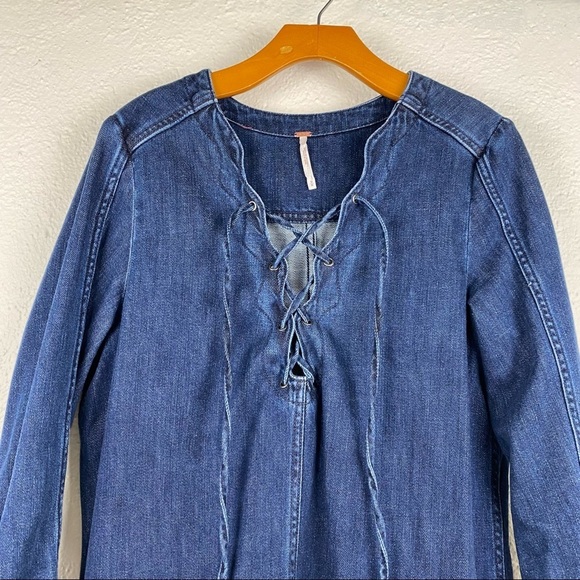 FREE PEOPLE Neapolitan Dreams Denim Mini Dress Tunic size Medium - Picture 7 of 11